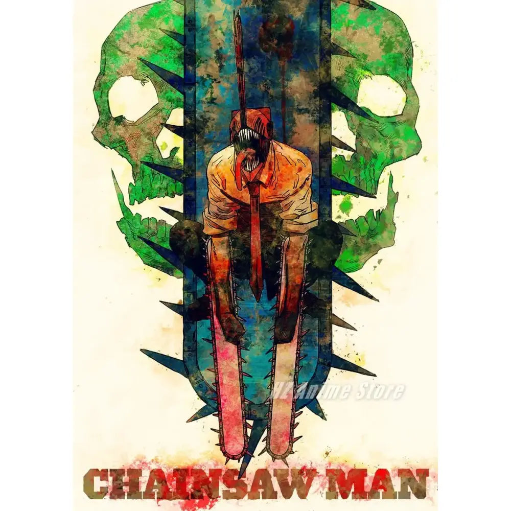 Chainsaw man denji canvas print featuring orange skin character with red tie and green skulls for modern wall art home decor
