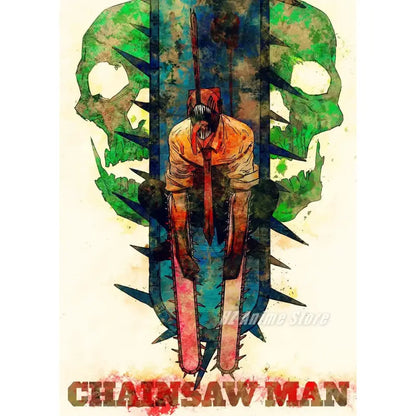 Chainsaw man denji canvas print featuring orange skin character with red tie and green skulls for modern wall art home decor