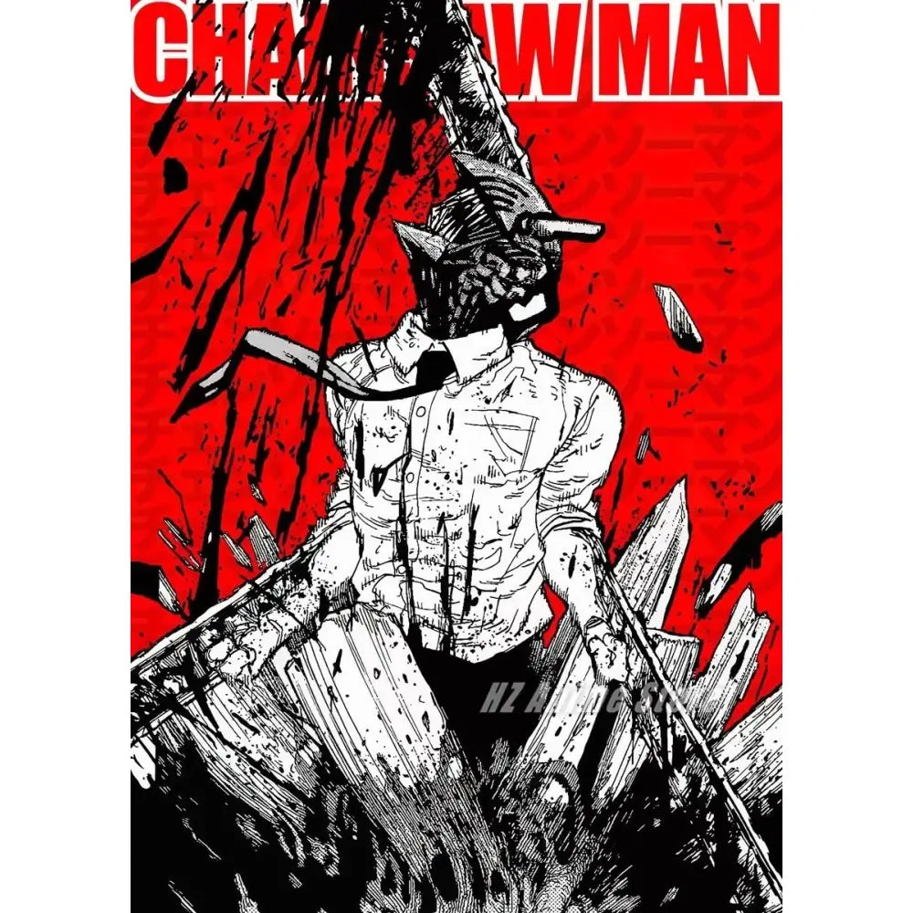 Chainsaw man denji canvas print featuring black and white illustration with red background ideal for wall art and home decor