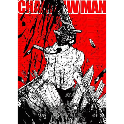 Chainsaw man denji canvas print featuring black and white illustration with red background ideal for wall art and home decor