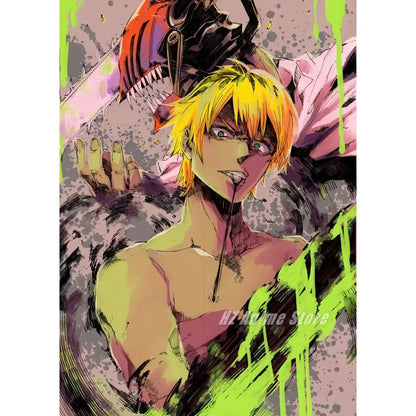 Chainsaw man denji canvas print featuring a muscular blonde character with glasses and an orange chainsaw for wall art and home decor