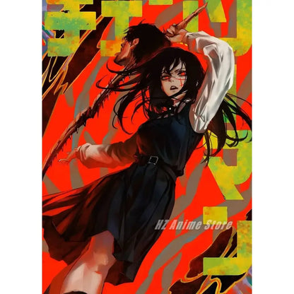 Chainsaw man denji canvas print featuring a dynamic female character with black hair and red eyes for wall art home decor