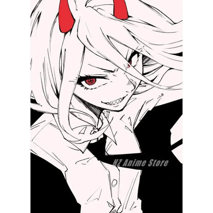 Chainsaw man denji canvas print featuring white-haired character with red horns in black-and-white line art wall art for home decor