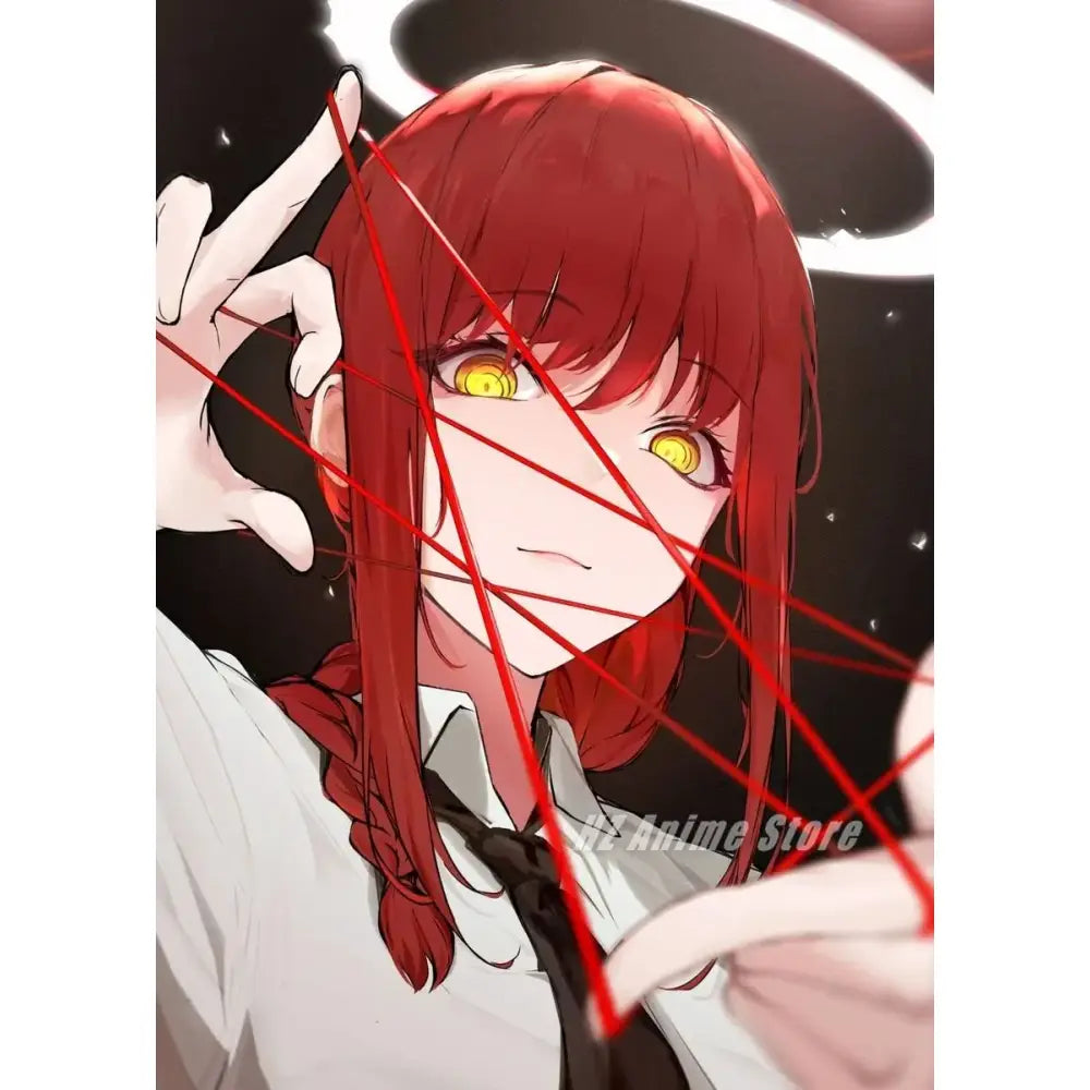 Chainsaw man denji canvas print featuring red-haired anime girl with glowing yellow eyes perfect for wall art and home decor