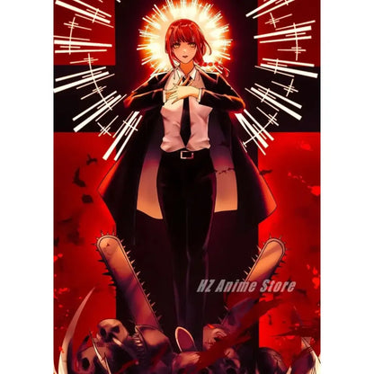 Chainsaw man denji canvas print featuring red-haired anime character in black suit with glowing halo for wall art home decor