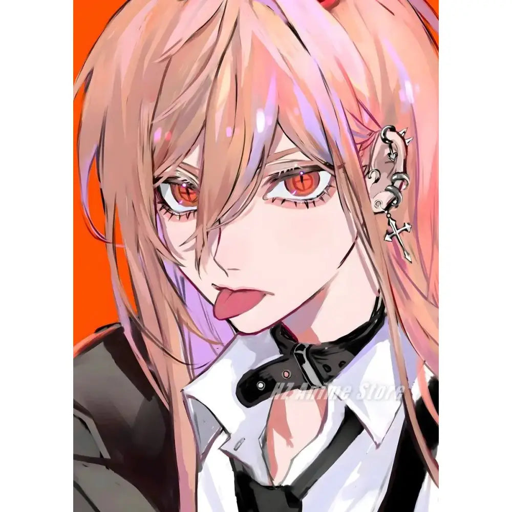 Chainsaw man denji canvas print featuring stylized anime character with pink hair red eyes wall art for home decor