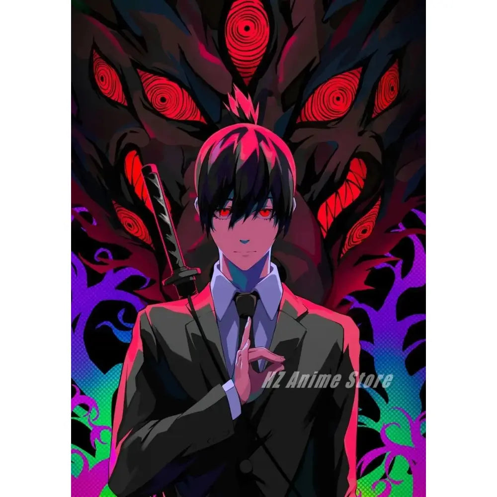 Chainsaw man denji canvas print featuring black-haired anime character in dark suit with red eyes for modern wall art and home decor