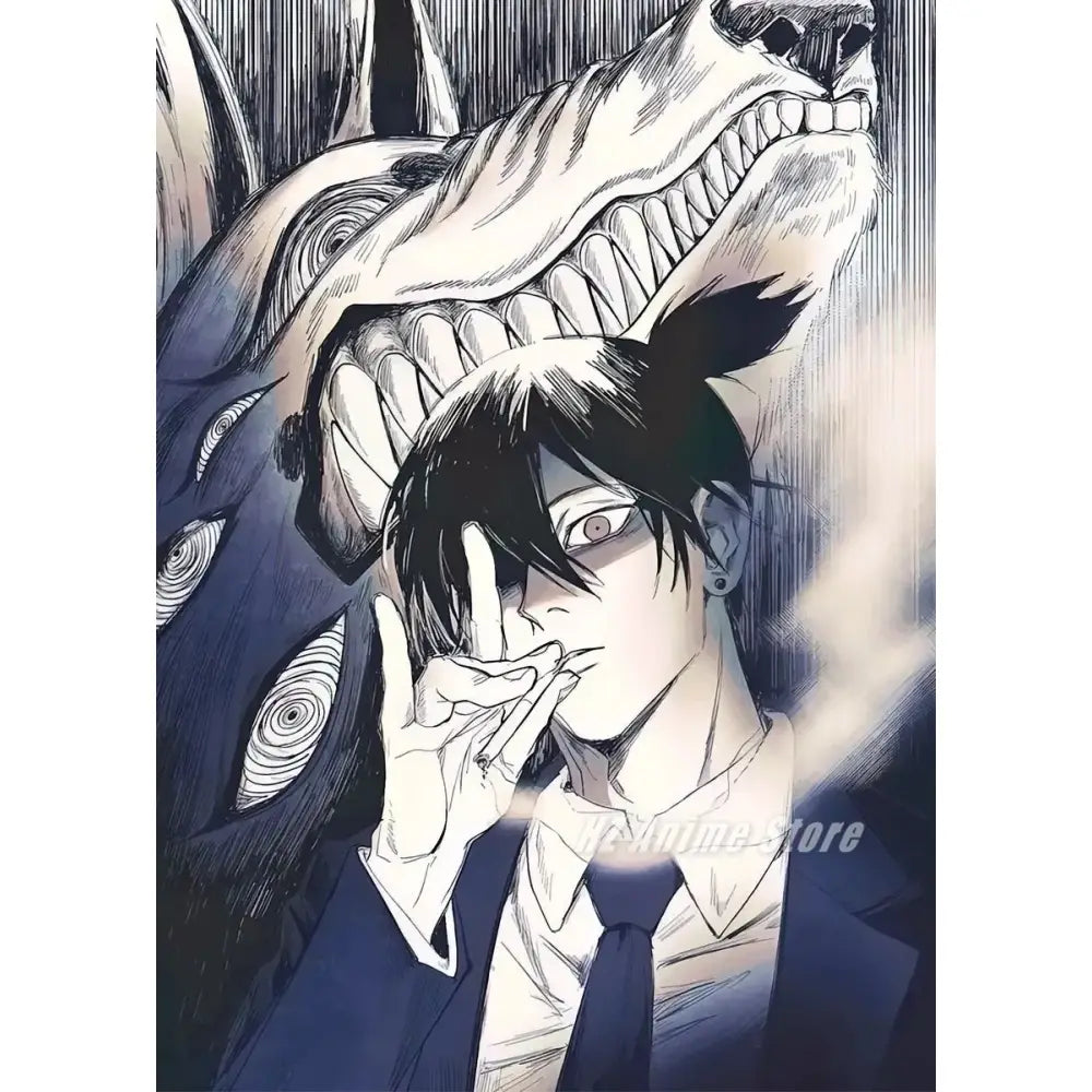 Chainsaw man denji canvas print featuring a black-haired character in dark blue suit peace sign wall art for home decor
