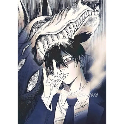Chainsaw man denji canvas print featuring a black-haired character in dark blue suit peace sign wall art for home decor