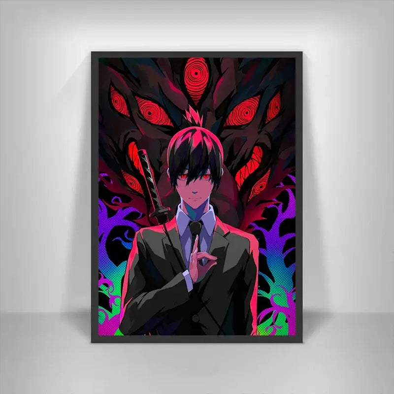 Black-framed chainsaw man canvas print featuring denji in dark suit with red eyes for modern wall art home decor