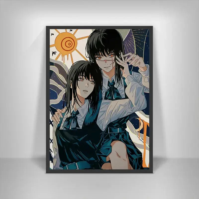 Black-framed chainsaw man canvas print featuring two characters in school uniforms with sun and moon wall art for home decor