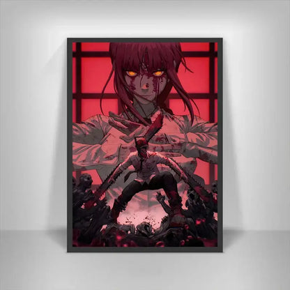 Black-framed chainsaw man denji canvas print featuring red hair and glowing eyes wall art for home decor