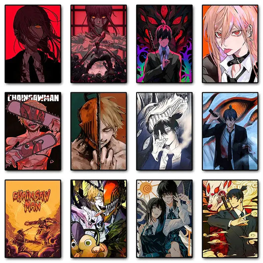 Set of nine vibrant chainsaw man anime posters in a grid layout perfect for modern wall art and home decor