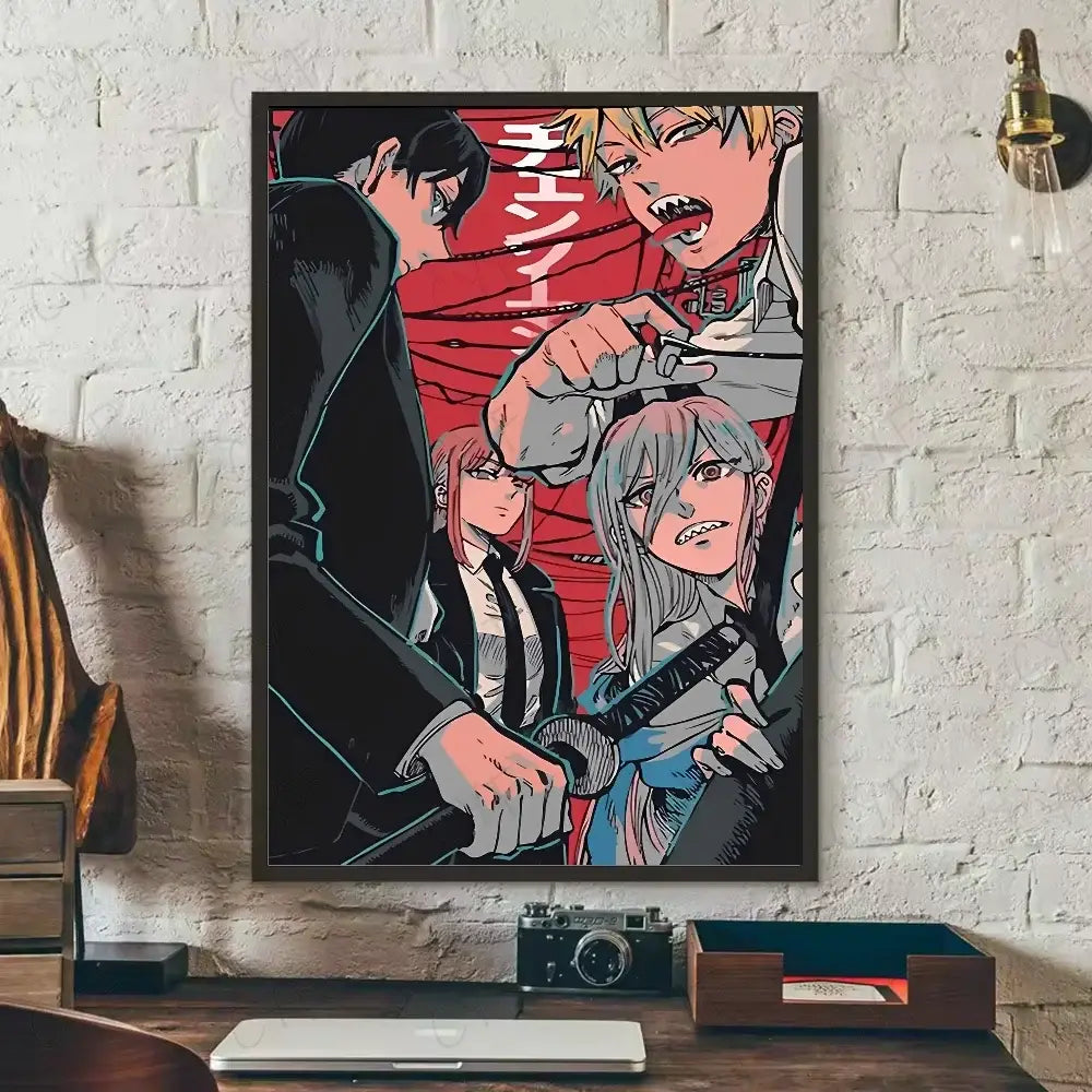 A framed chainsaw man denji canvas wall art featuring bold black red and gray stylized characters in dynamic poses