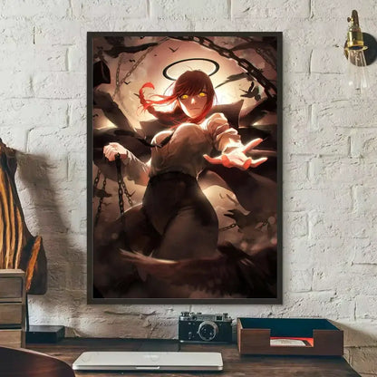 A framed chainsaw man wall art poster featuring red-haired denji with glowing eyes and chains on a dramatic backdrop