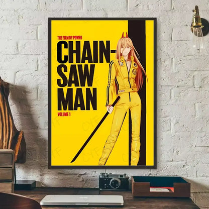 Vibrant yellow chainsaw man denji canvas wall art featuring the character in a jumpsuit holding her signature weapon