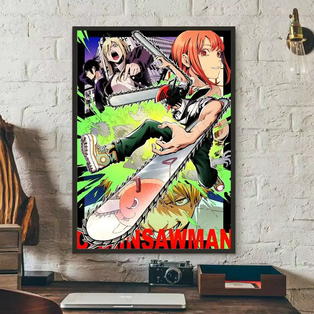 Vibrant chainsaw man wall art canvas featuring denji with silver chainsaw on dynamic green and purple nordic background