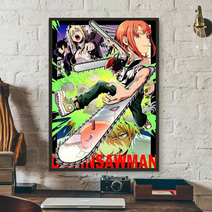 Vibrant chainsaw man wall art canvas featuring denji with silver chainsaw on dynamic green and purple nordic background