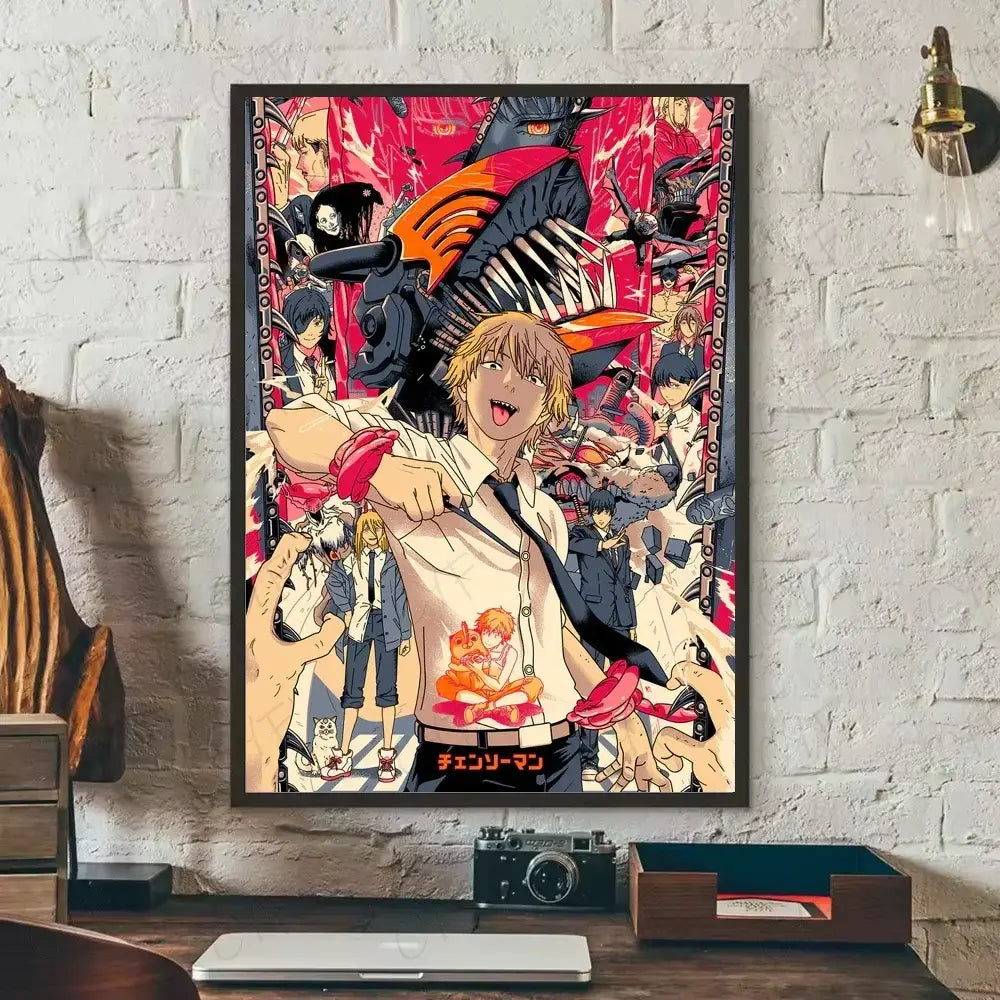 Framed chainsaw man denji canvas wall art featuring blonde character and vibrant red action scenes for wall decor