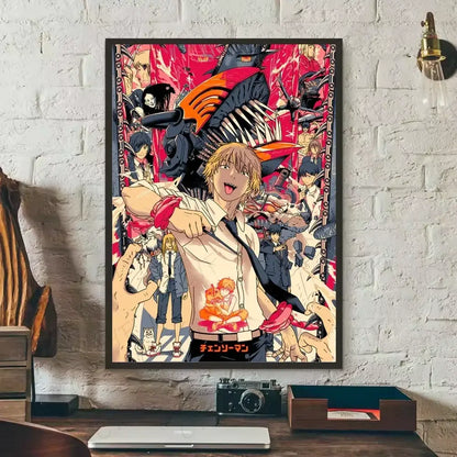 Framed chainsaw man denji canvas wall art featuring blonde character and vibrant red action scenes for wall decor