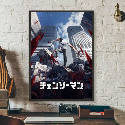 Black-framed chainsaw man canvas wall art featuring denji in action with skyscrapers and red blood splatters for nordic decor