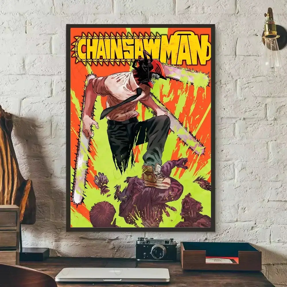 Vibrant orange and lime green chainsaw man canvas wall art with bold yellow lettering for nordic home decor