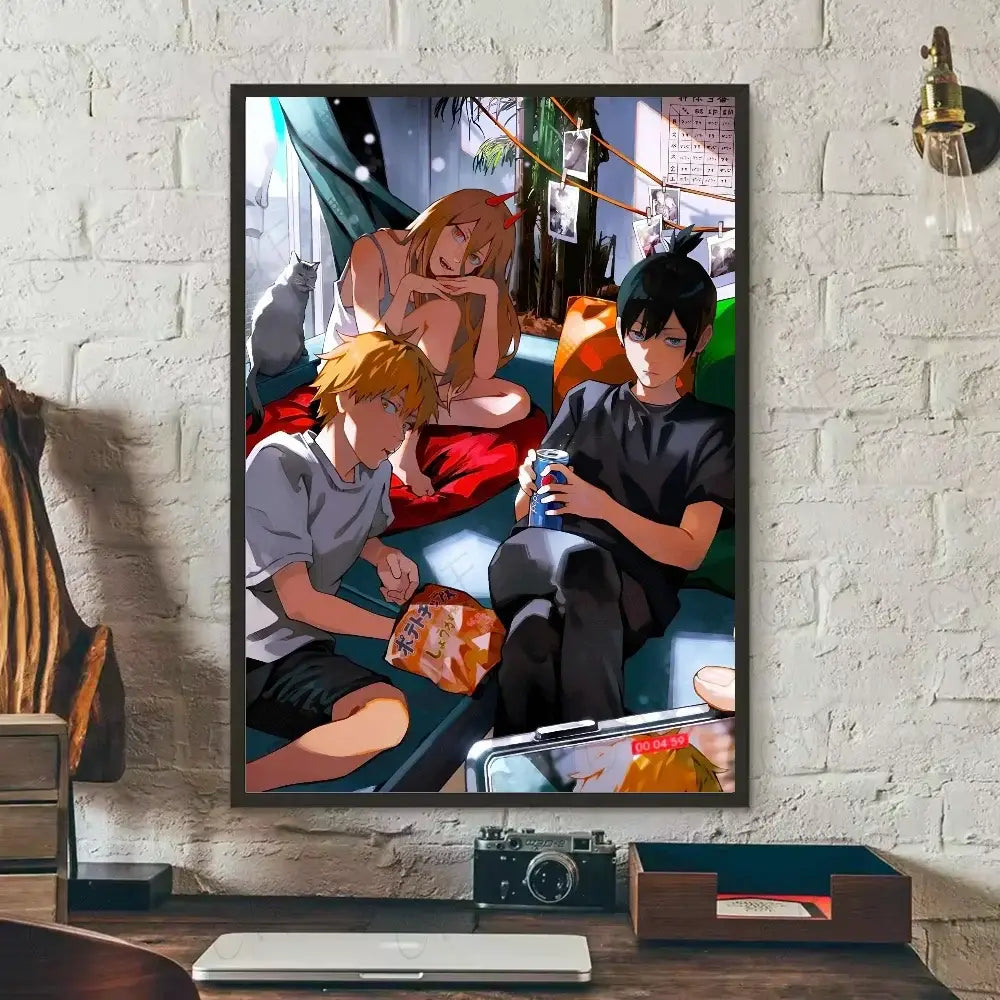 Anime-style chainsaw man denji canvas wall art featuring three characters in vibrant colors with detailed nordic design