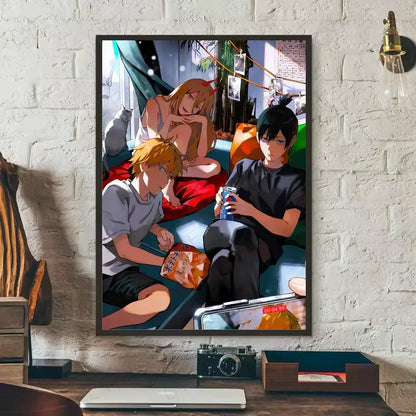 Anime-style chainsaw man denji canvas wall art featuring three characters in vibrant colors with detailed nordic design
