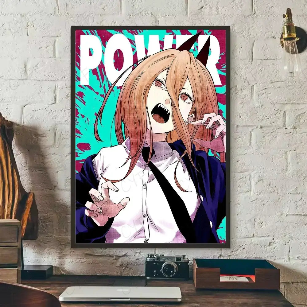 Vibrant chainsaw man denji wall art canvas poster with orange hair sharp teeth and devil horns on teal magenta background