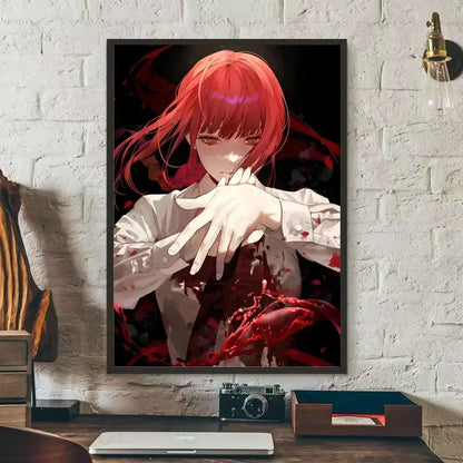 A framed chainsaw man wall art featuring Denji with vibrant red hair in white attire on a dark background