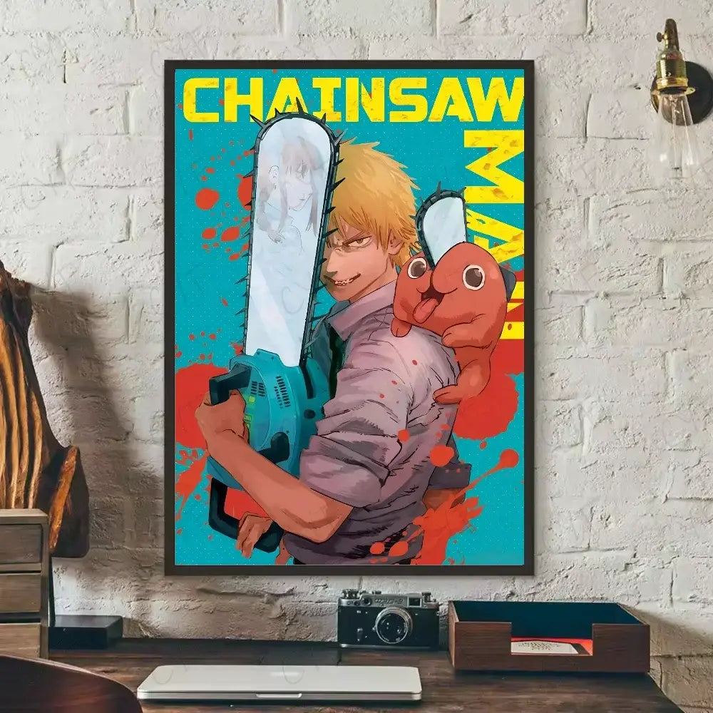 Vibrant turquoise and yellow chainsaw man canvas wall art featuring denji holding a chainsaw framed in black nordic poster