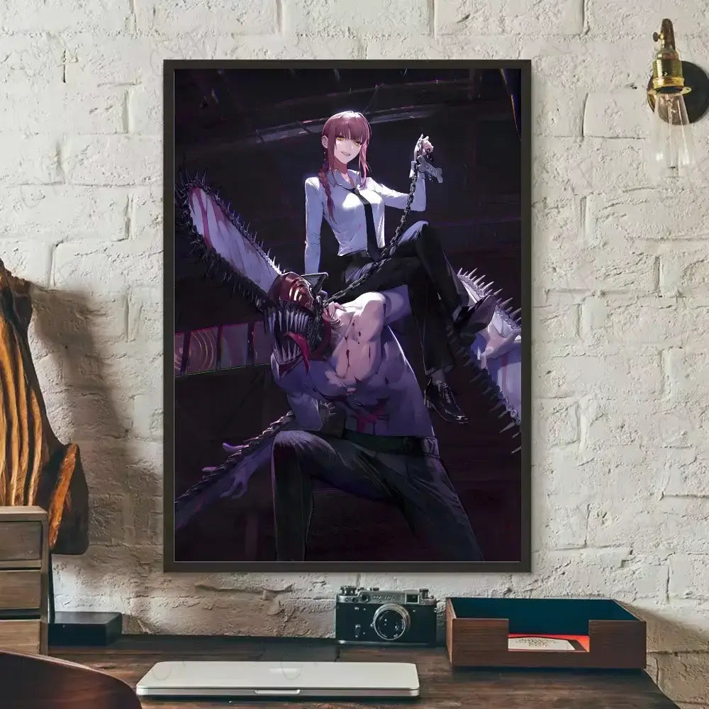 Black-framed chainsaw man denji canvas wall art featuring red-haired character riding chainsaw creature nordic poster