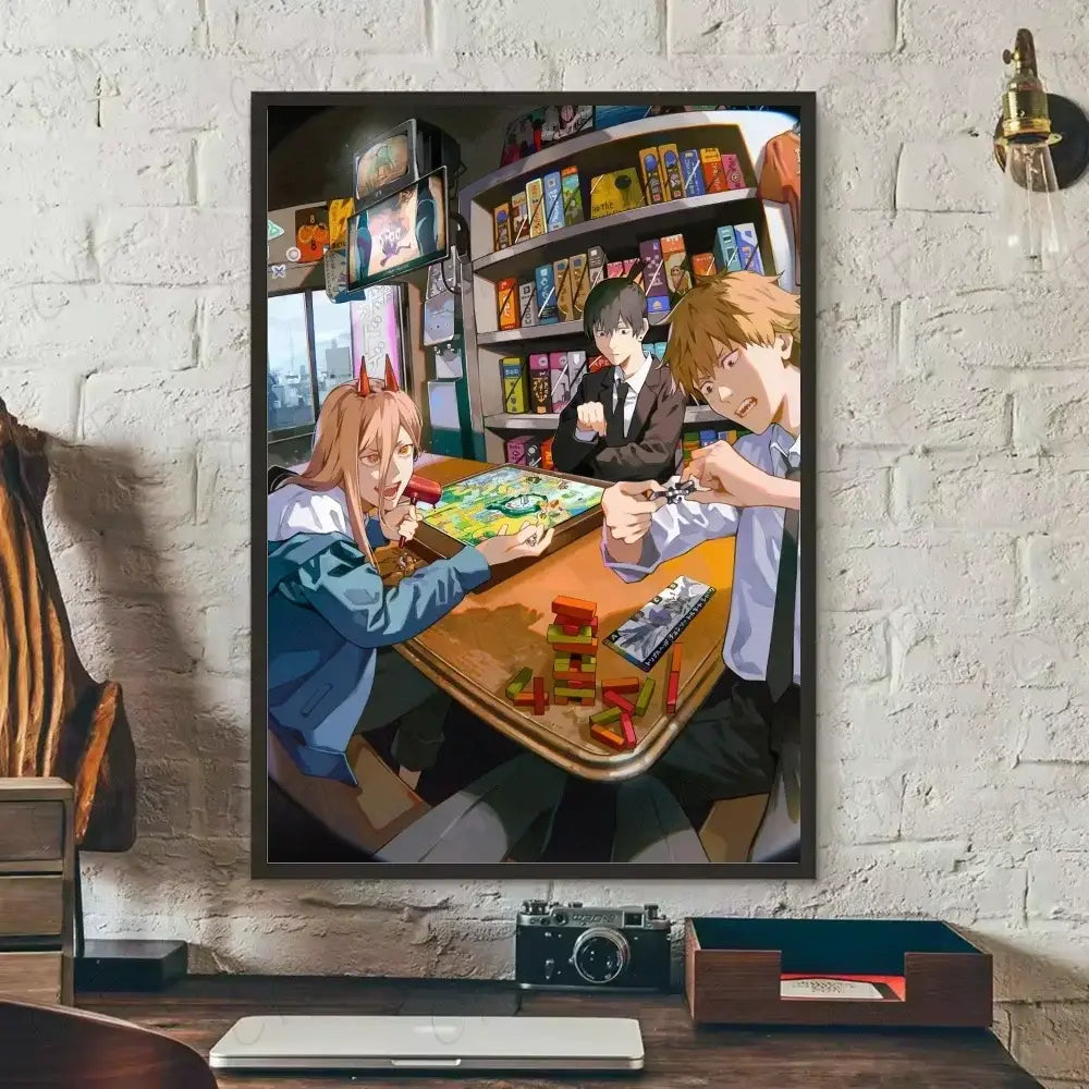 Anime style framed chainsaw man wall art poster showing three characters playing board games in a retro arcade setting