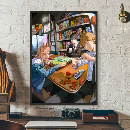 Anime style framed chainsaw man wall art poster showing three characters playing board games in a retro arcade setting
