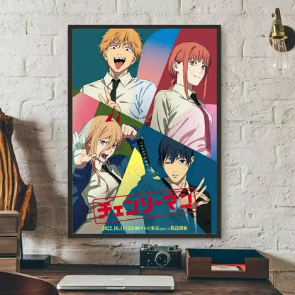 A framed chainsaw man canvas wall art with four anime characters and bold red Japanese text on vibrant color blocks