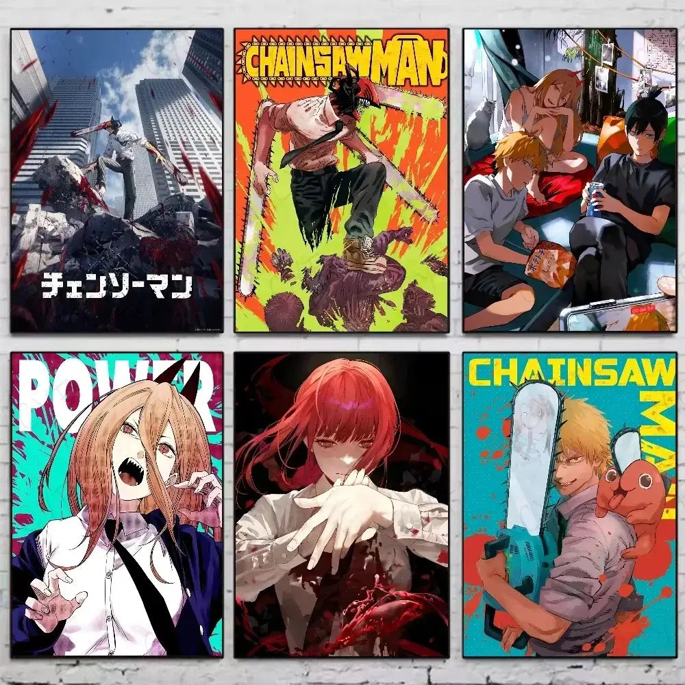 Set of six vibrant chainsaw man anime-themed canvas wall art posters displayed on a white brick wall
