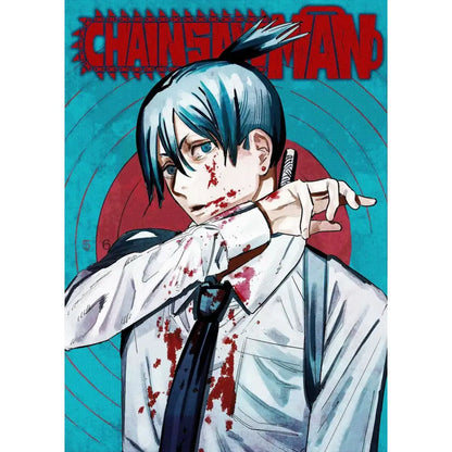 Chainsaw man denji canvas wall art poster featuring a character with spiky blue hair and blood splatter on white shirt