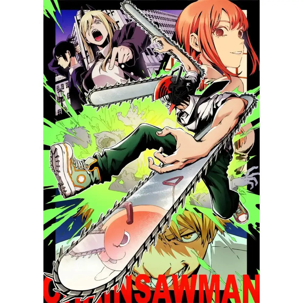 Chainsaw man canvas wall art poster featuring a silver chainsaw with a red and black handle and sharp teeth