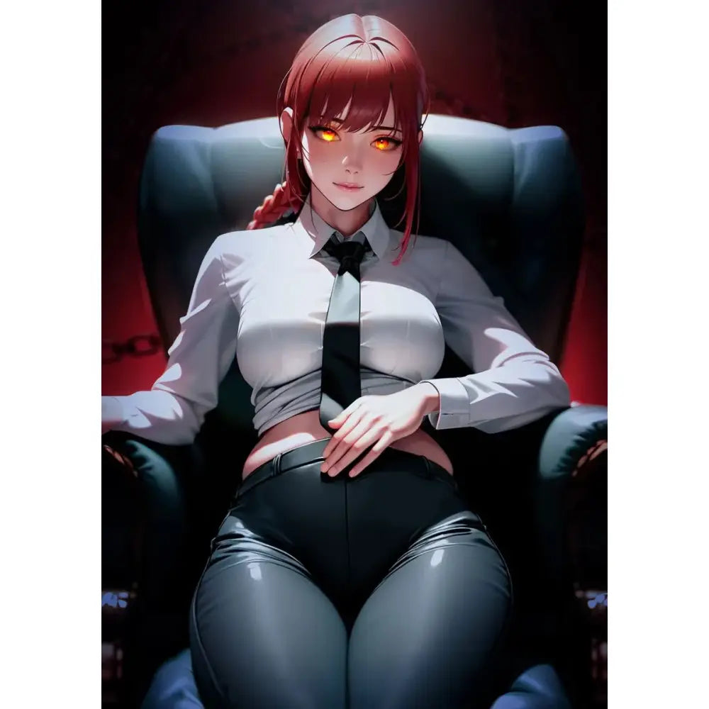 Chainsaw man denji canvas wall art poster featuring a red-haired anime woman in a dark blue armchair with glowing eyes