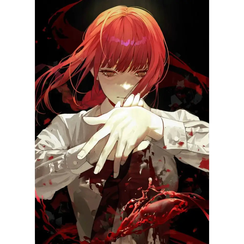 Chainsaw man canvas wall art poster featuring a red-haired anime girl in a white blouse with blood splatters