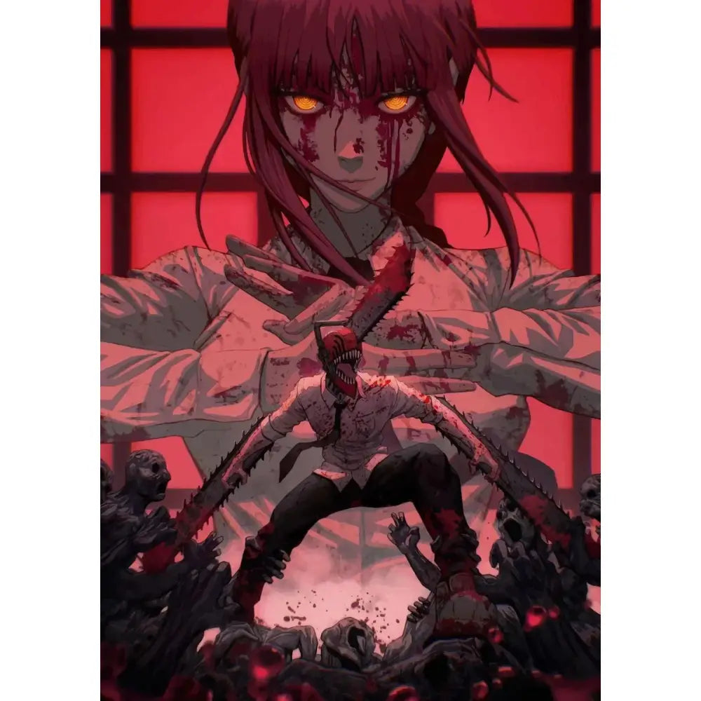 Chainsaw man denji canvas wall art poster featuring a red-haired anime character with glowing orange eyes and blood-stained face