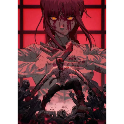 Chainsaw man denji canvas wall art poster featuring a red-haired anime character with glowing orange eyes and blood-stained face