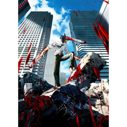 Chainsaw man denji canvas wall art poster features a character in a white blood-splattered shirt and helmet on rubble