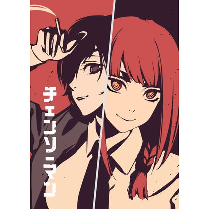 Chainsaw man canvas wall art poster featuring two characters split black hair and dark suit left red braided hair right