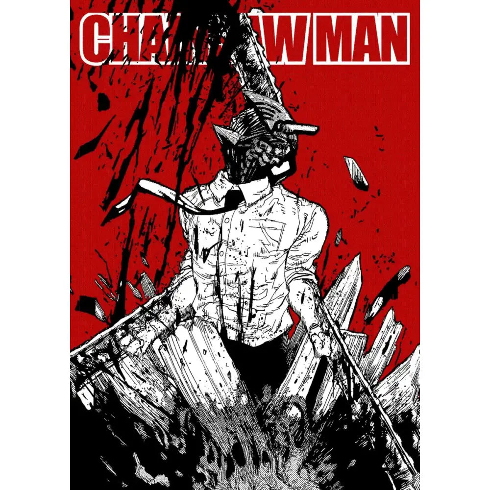 Black and white chainsaw man canvas wall art poster featuring denji with blood splatters and chainsaws on head
