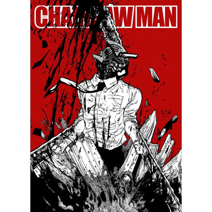 Black and white chainsaw man canvas wall art poster featuring denji with blood splatters and chainsaws on head