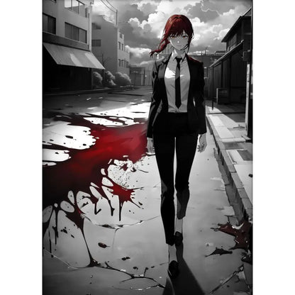 Chainsaw man denji canvas wall art poster featuring a red-haired woman in a black suit walking on blood-splattered pavement