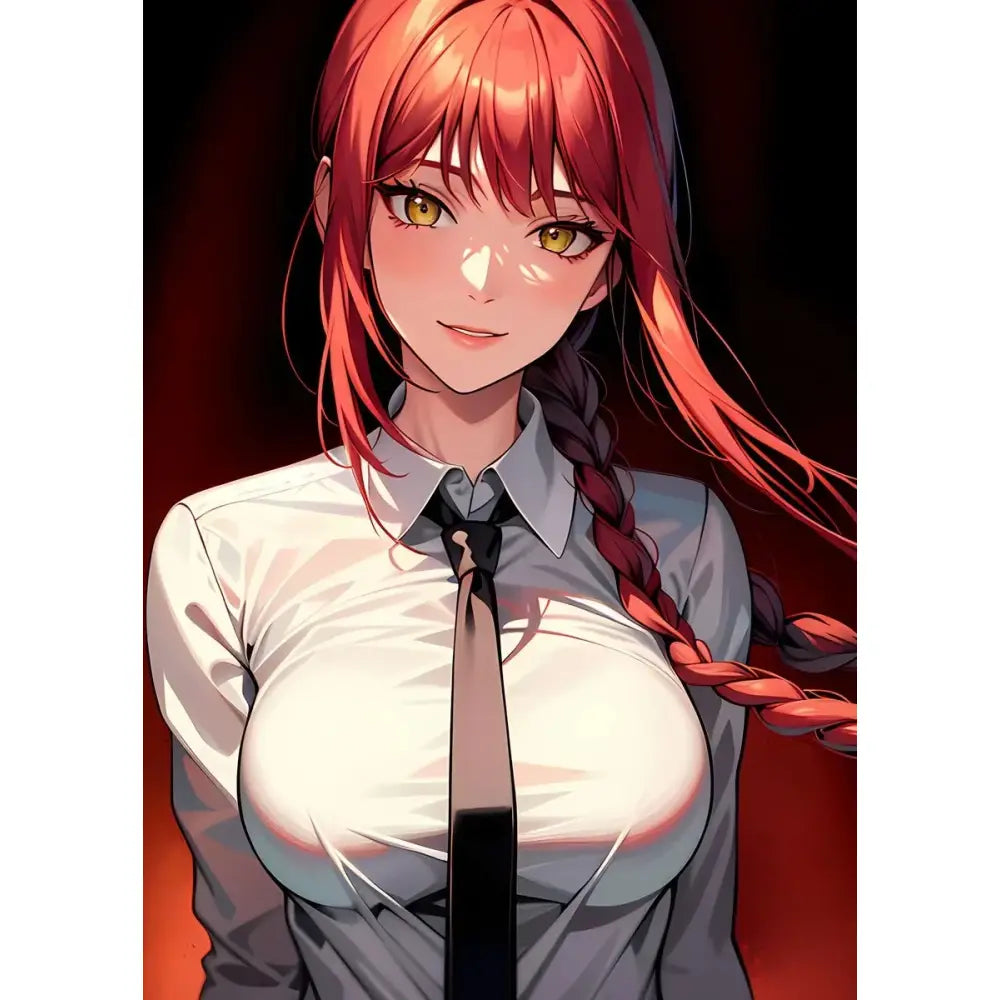 Chainsaw man denji canvas wall art poster featuring a red-haired anime girl with golden eyes in hd print