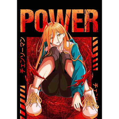 Chainsaw man denji canvas wall art poster featuring orange-haired anime character in teal hoodie and black armor vest