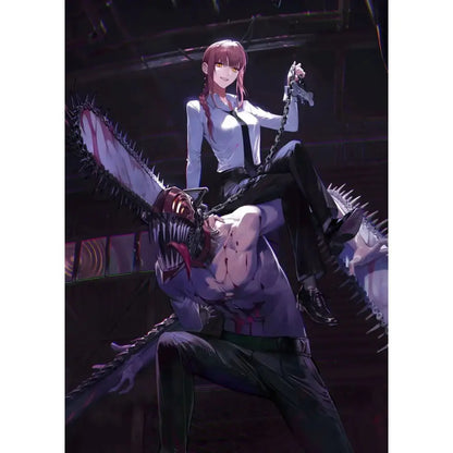 Chainsaw man denji canvas wall art poster featuring a menacing black serrated chainsaw blade with sharp teeth in hd print
